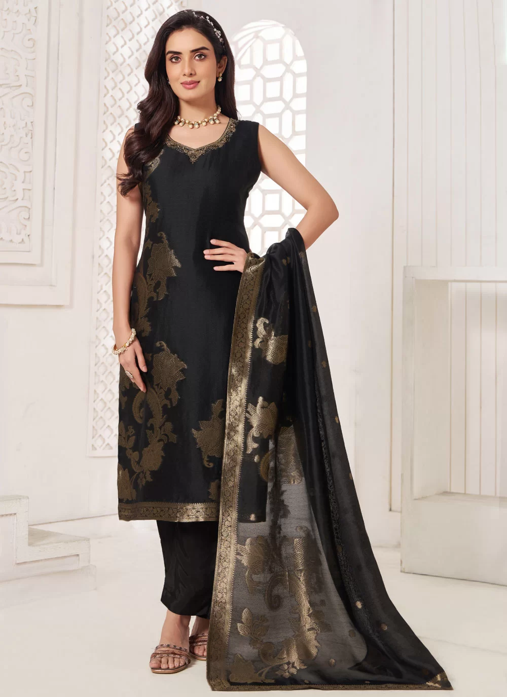 Black Silk Salwar Suit With Embroidered Work